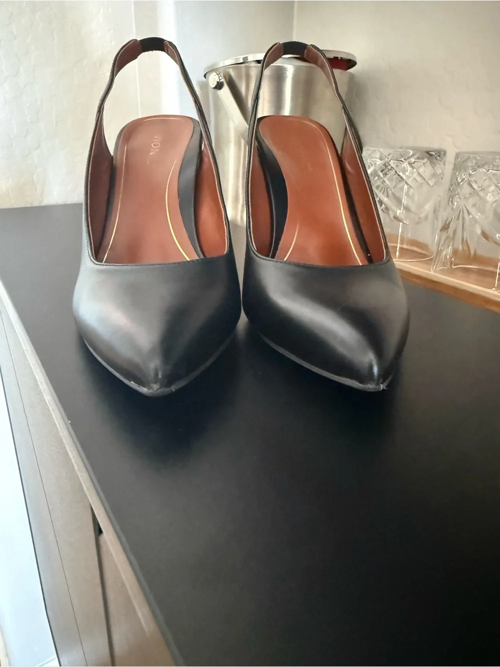 Vionic Black Leather Pointed Slingback Heels